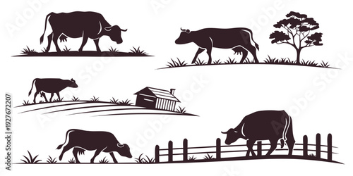 A diverse group of animals grazing and resting in a rural landscape Vector