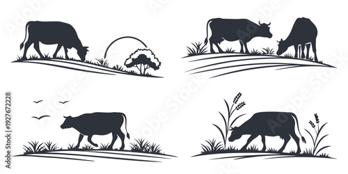 Four different types of animals grazing in a field with trees. Vector
