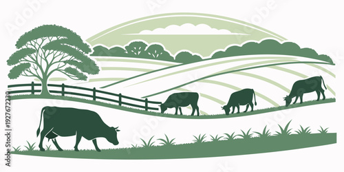 A picturesque countryside scene with grazing animals and lush green fields Vector