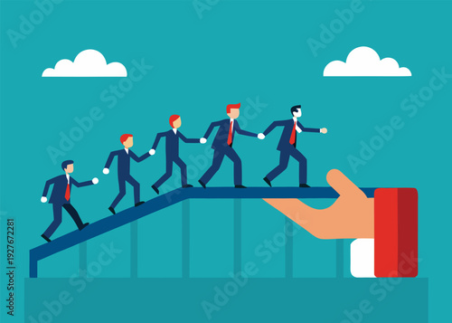 Five business people walk in a line across a bridge that is supported by a large helping hand.