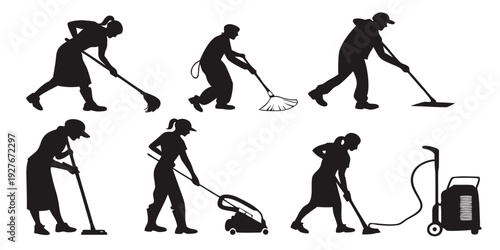 A series of illustrations depicting various cleaning activities and tools Vector