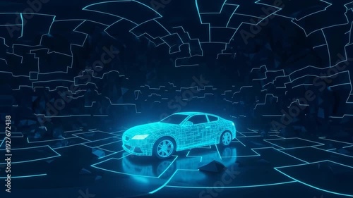 3d Rendered Futuristic Car In Digital Environment The Vehicle Is Outlined With Blue Lines With Geometric Background Digital World With Technological Advancements Possibly For Adverti