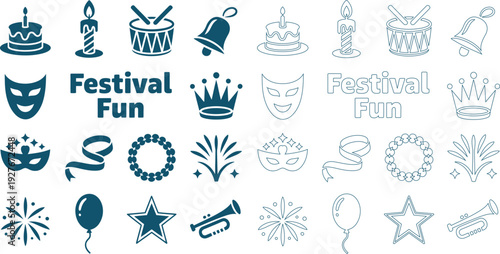 Festive celebration for parties and events with cakes candles drums bells masks and balloons