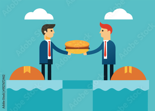 Two businessmen shake hands across a gap, holding a burger-shaped object over a blue water bridge.