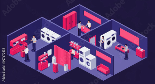 Isometric illustration of a modern office space with various workstations and people.