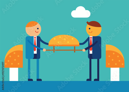 Two businessmen shake hands while holding a round platform object, standing on mushroom-shaped structures.