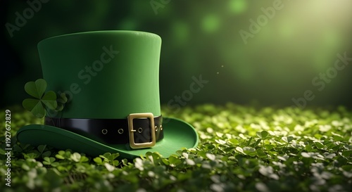 St patrick's day green top hat on grassy hill with shamrocks