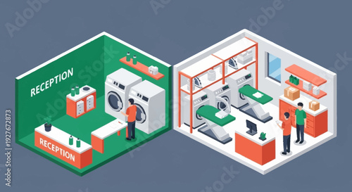 Isometric Laundry Service Illustration with Reception and Cleaning Area.