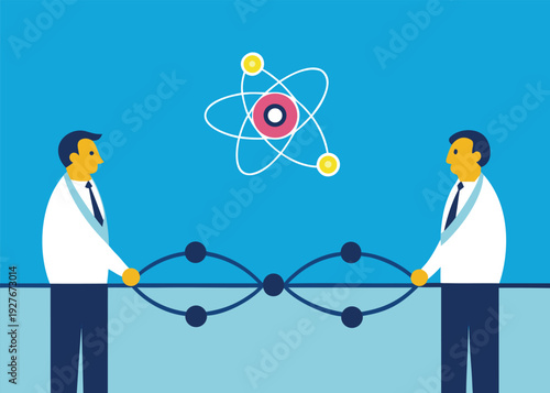 Two businessmen discuss a complex atomic structure, connected by a wavy line with nodes.