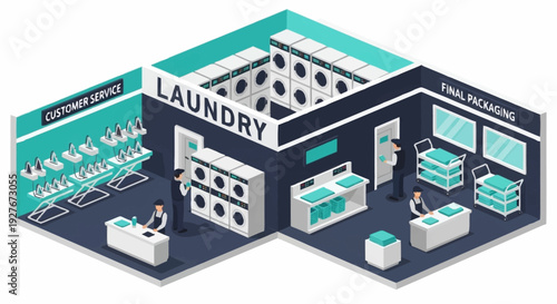 Isometric Laundry Facility Illustration with Various Sections and Equipment.