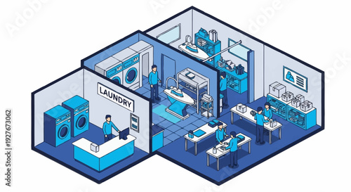 Isometric illustration of a modern laboratory and office space with various equipment and personnel.