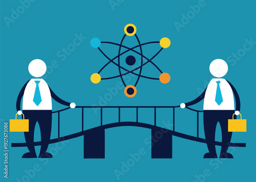 Two businessmen stand on a bridge, discussing an atomic structure hovering above them.