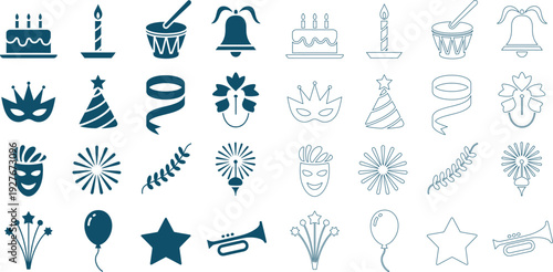 Festive party and celebration in solid blue and outline styles