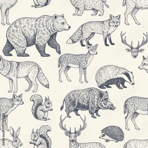 Detailed Sketch of Forest Animals in a Seamless Pattern.