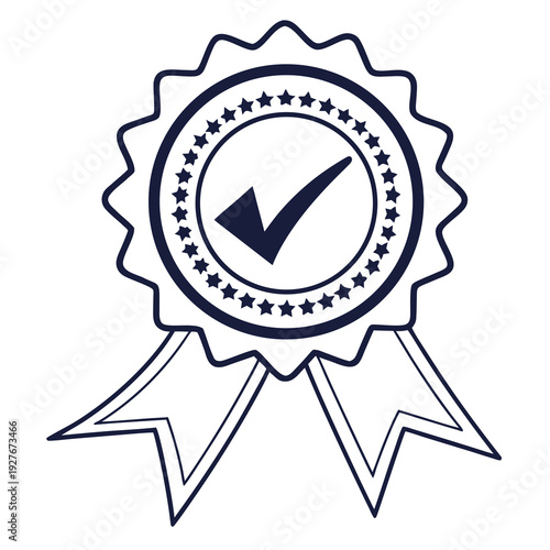 A blue and white image of a check mark in a rosette