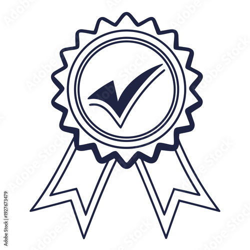 A blue and white image of a check mark in a rosette