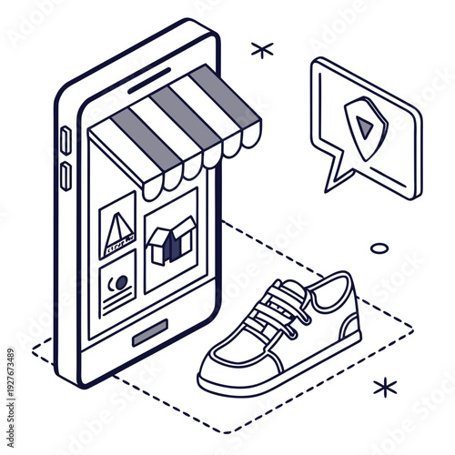 A smartphone with a storefront on the screen next to a shoe and a chat box