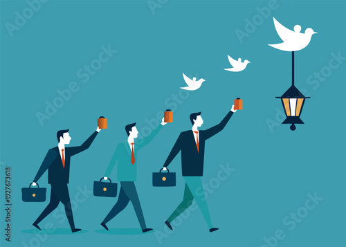 Three business professionals follow a guided path, holding up devices toward a bright lantern and birds.