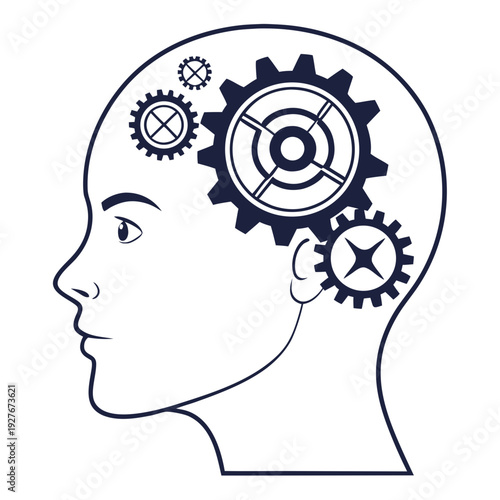 A human head with gears inside representing mechanical thinking