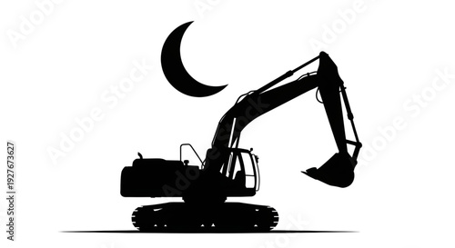 Silhouette of a heavy excavator machine working under a crescent moon representing night shift construction