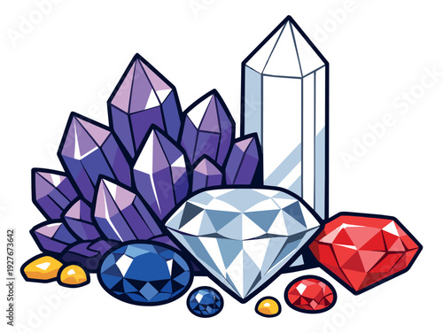 Cartoon style gemstone and crystal set featuring purple amethyst, clear quartz, diamond, ruby, and sapphire for jewelry, magic, or treasure themes