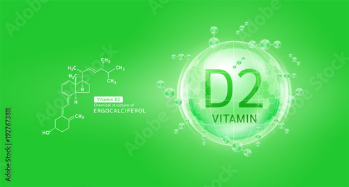 Green vitamin D2 complex solution in hexagonal dome with molecules. Chemical structure of Ergocalciferol. For cosmetic products ads or supplement. Medical health care skin protection. Vector EPS10.