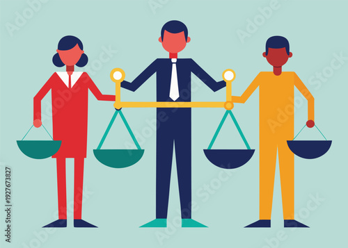 Three diverse business professionals stand together, holding a large golden scale of justice.