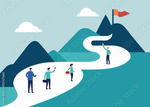 Four business professionals walk up a winding path towards a red flag on a mountain peak under a blue sky.