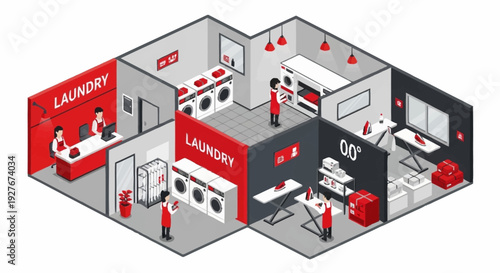 Isometric Laundry Facility with Multiple Sections and Workers.