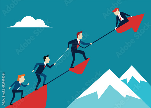 Four business people ascend a mountain using red arrow-shaped platforms, connected by ropes, towards a leader at the top.