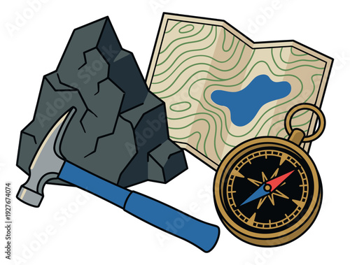 Line art outdoor adventure set featuring a rock, a hammer, a map, and a compass for geology and exploration