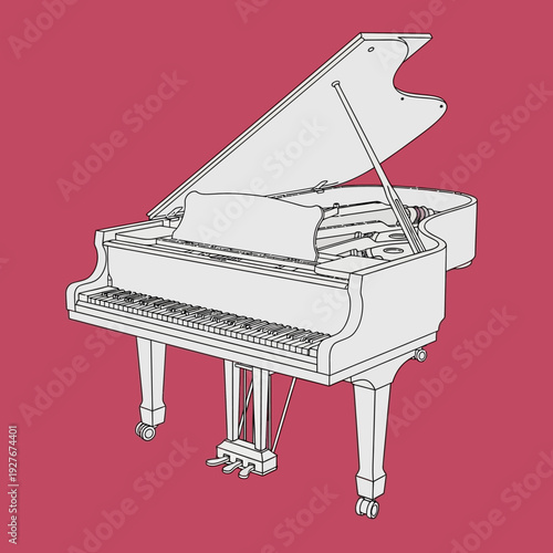 Elegant Grand Piano Illustration with Open Lid and Detailed Keys.