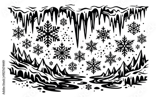 Graphic winter elements set featuring snowflakes, icicles and an icy landscape for seasonal designs