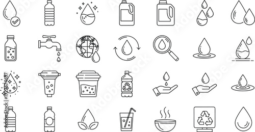Water and Hydration Line Icon Set with Bottle Tap Drop Filter Recycling and Purification Outline Symbols