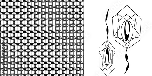 Abstract Geometric Eye Pattern Seamless Background and Modern Sacred Geometry Line Art Illustration