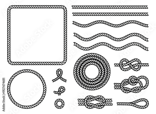 Line art rope elements set featuring nautical knots, frames, and coiled patterns for decorative designs