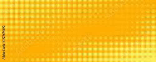 Yellow halftone pattern. Retro comic gradient background. Bright orange pixelated dotted texture overlay. Cartoon pop art faded gradient pattern. Vector backdrop for poster, banner, advertisement