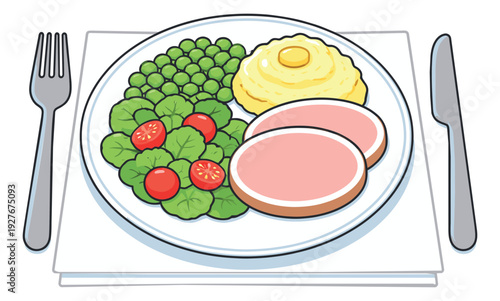 Cartoon line art illustration of a dinner plate depicting a meal of ham, mashed potatoes, peas, and salad for food concepts