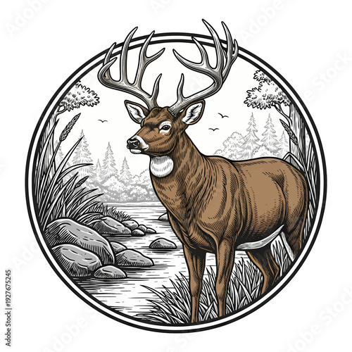 Hand drawn whitetail deer buck in nature forest river landscape round emblem vintage vector style