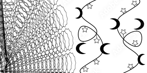 Decorative illustration of Eid al-Fitr and Eid al-Adha with crescent moon and star ornaments in modern Islamic style.
