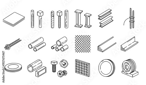 Editable stroke line icons of metal and steel products for industrial and construction use