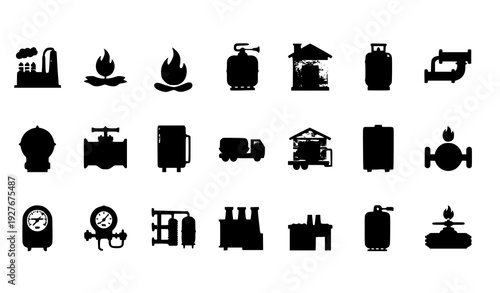 Natural gas flat vector icon set with gas plant, flame, LPG cylinder, pipeline, valves and heating