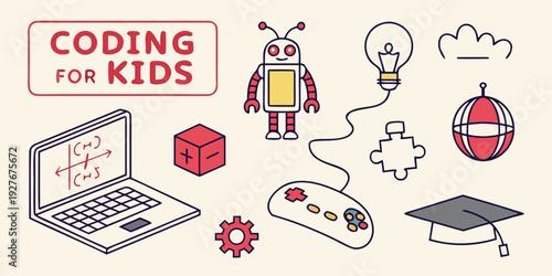 Children learning to code with interactive games and activities on various devices Vector