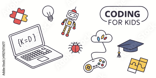 Children engaging in coding activities with laptops and educational resources Vector