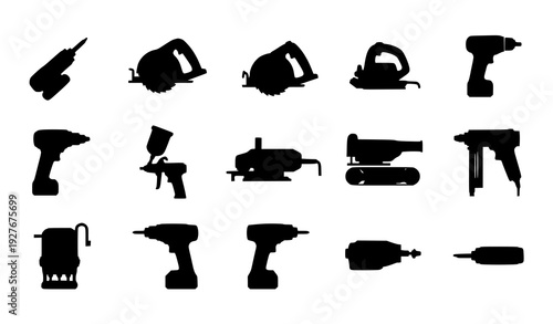 Power tools flat vector icon set with drill, circular saw, screwdriver, angle grinder, and airbrush