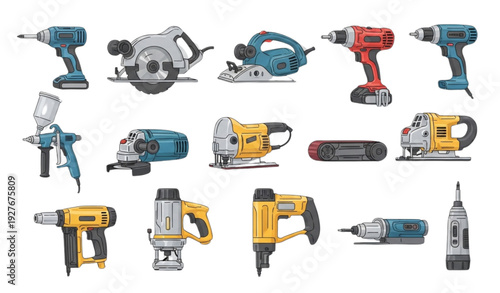Industrial power tools vector icon collection with drill, screwdriver, circular saw, and angle grinder