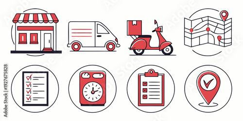 Icons representing various aspects of delivery and logistics services Vector
