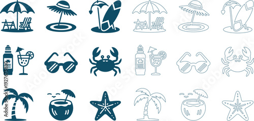 Summer beach vacation with umbrellas chairs surfboards cocktails crabs palm trees and starfish
