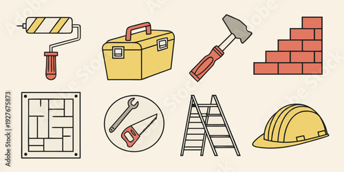Assorted construction tools and materials arranged in a grid pattern Vector