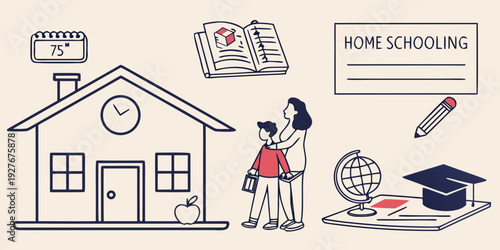 Illustration of a student preparing for college with a house and books in the background Vector